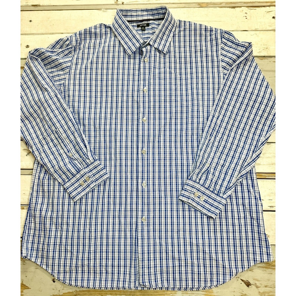 APT 9 Button Up Long Sleeve Dress Shirt Size XXL (2XL) Blue Double Grid Plaid